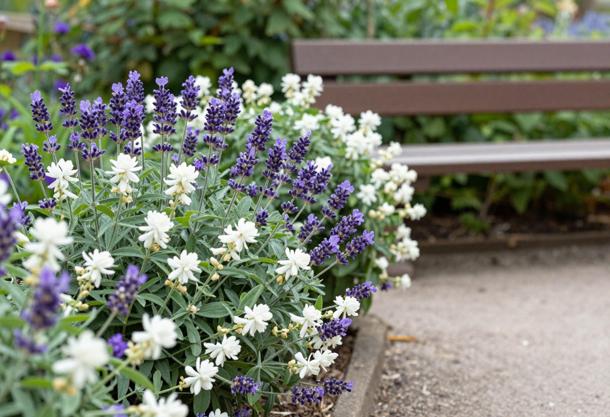 Lavender and jasmine planted along a garden path near a seating area