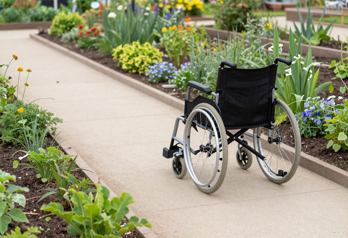A raised garden bed with a smooth wide path suitable for wheelchair access