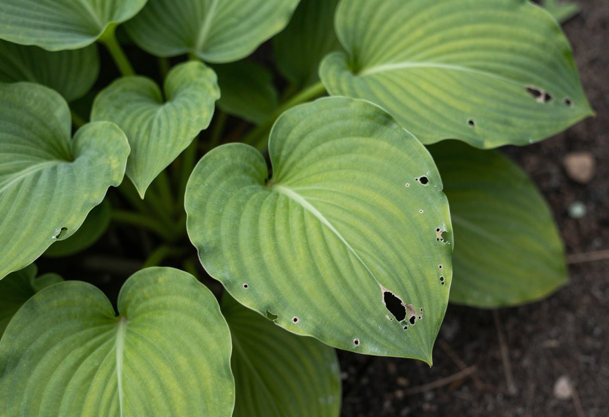 Hosta leaves with visible slug damage holes, close-up in a garden bed