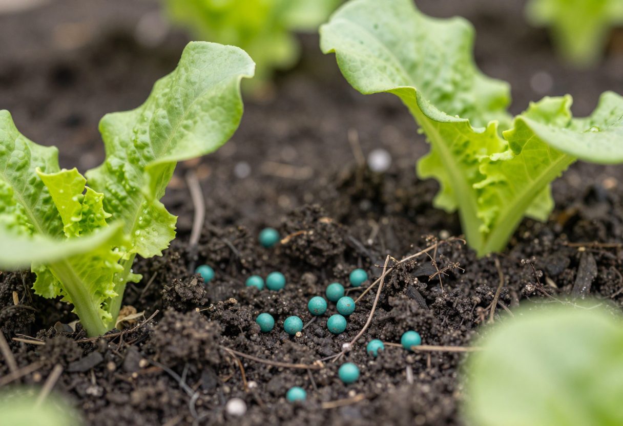 Small blue-green iron phosphate slug bait pellets scattered on dark garden soil near seedlings