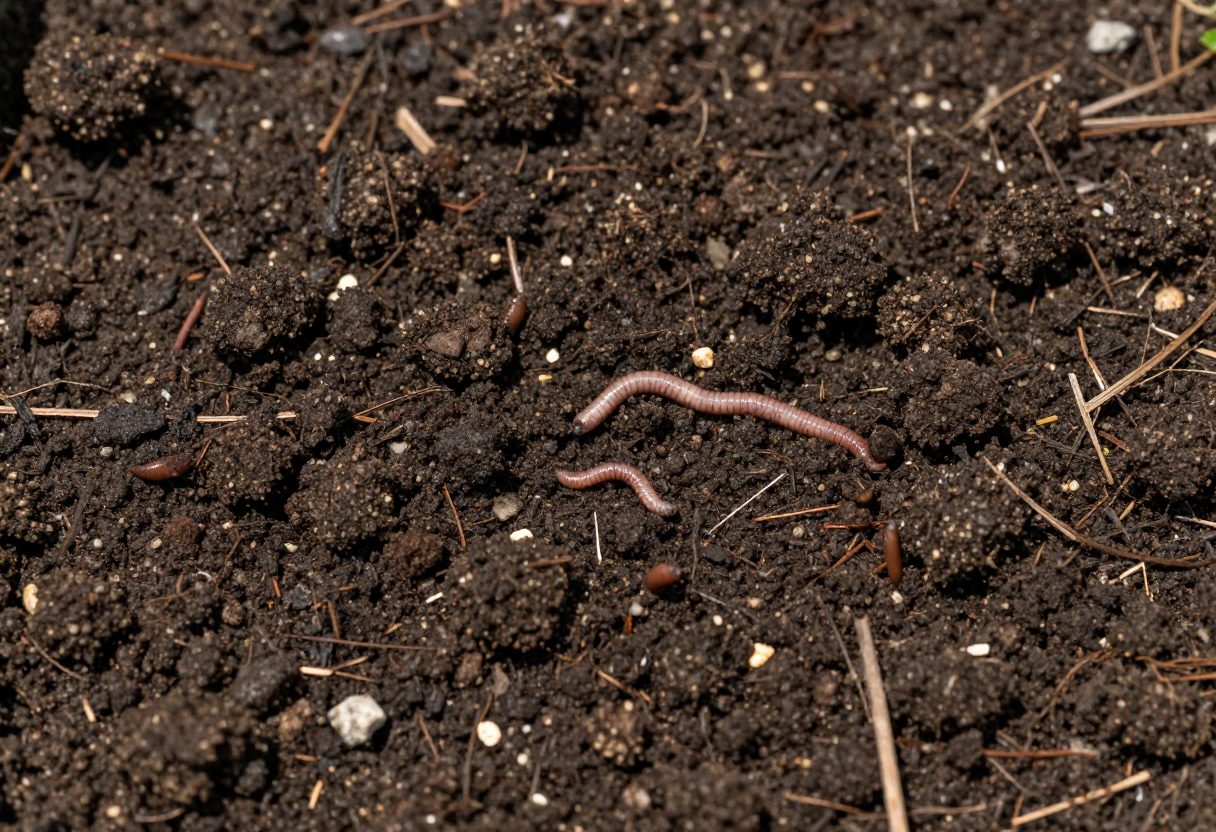 Overhead close-up of dark crumbly garden soil rich with organic matter and earthworms visible on the surface