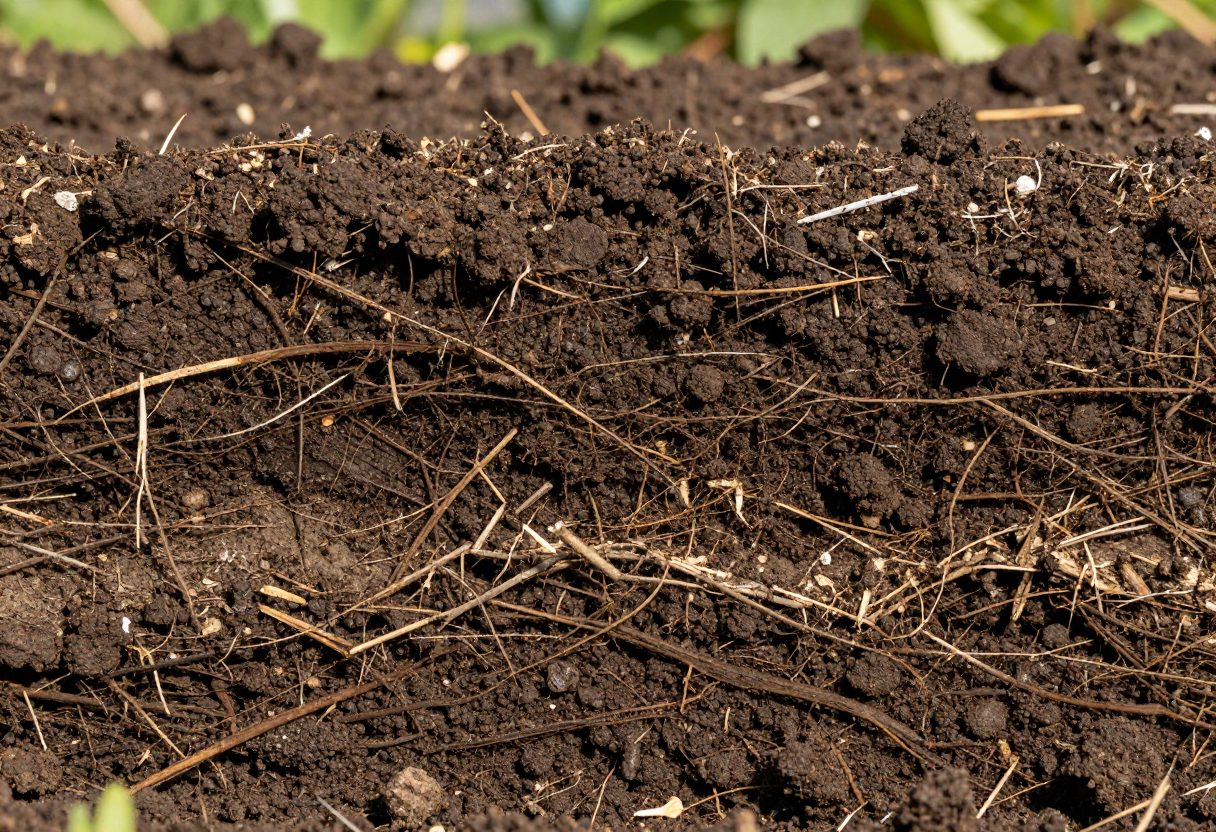 Close-up cross-section of layered garden soil showing dark topsoil with visible organic matter and root structure