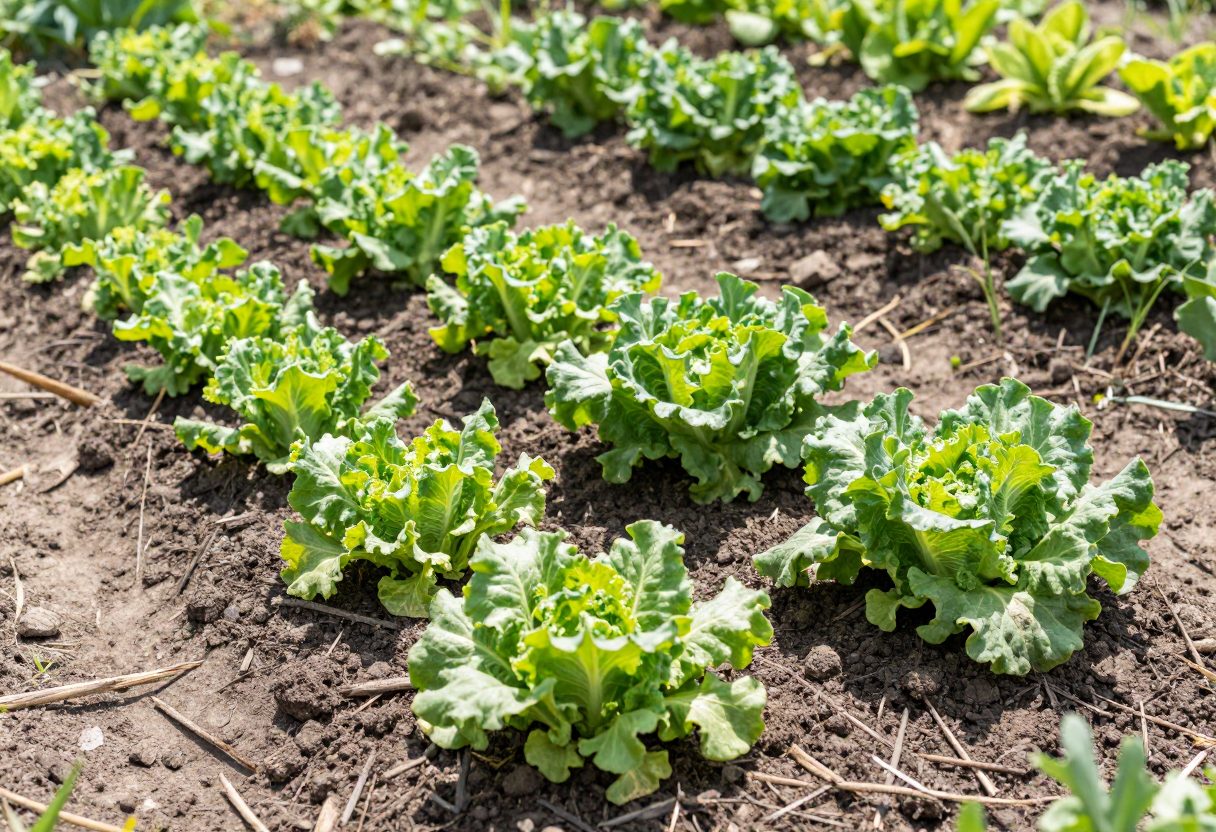 A healthy vegetable garden bed with thriving green plants growing in dark rich mulched soil