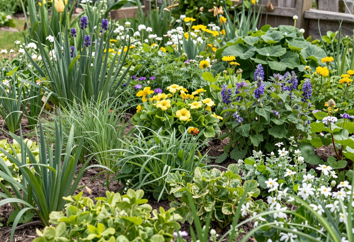 A garden bed bursting with fresh spring growth and early blooms