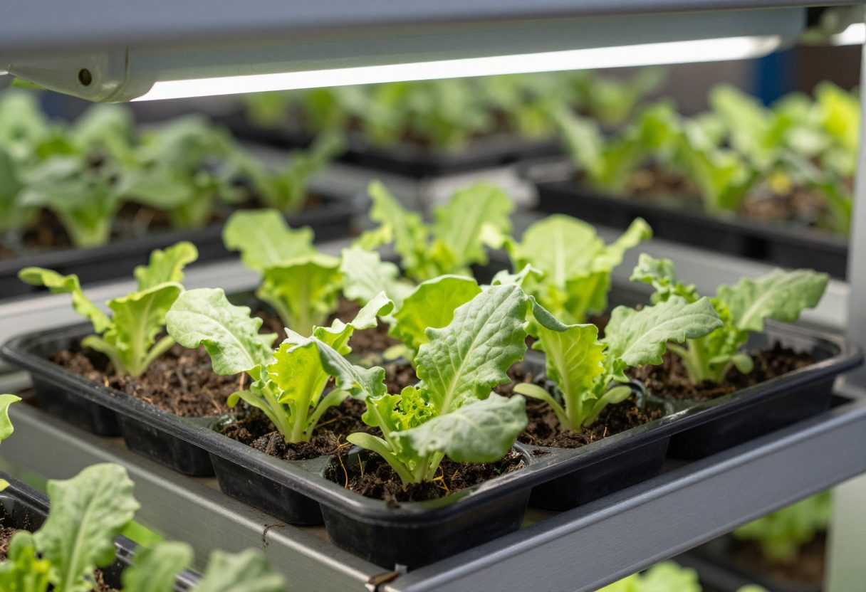 Trays of young vegetable seedlings growing indoors under grow lights