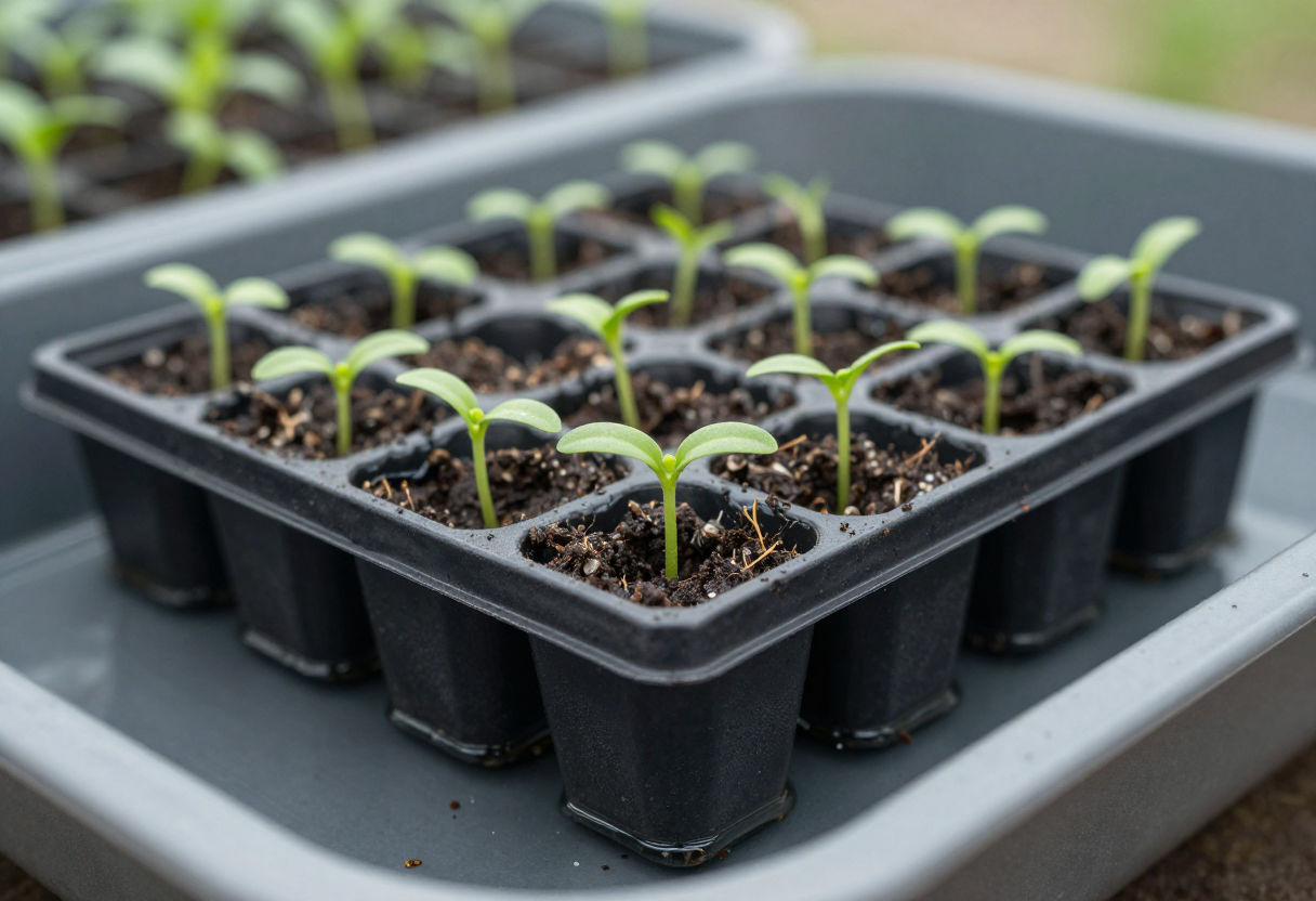 A seedling cell tray sitting in a shallow tray of water soaking up moisture from below