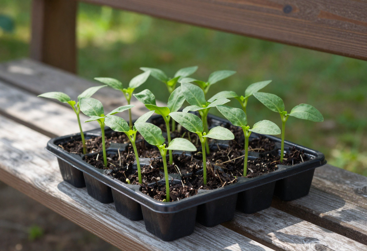 A tray of green seedlings sitting outdoors on a bench in dappled sunlight during hardening off