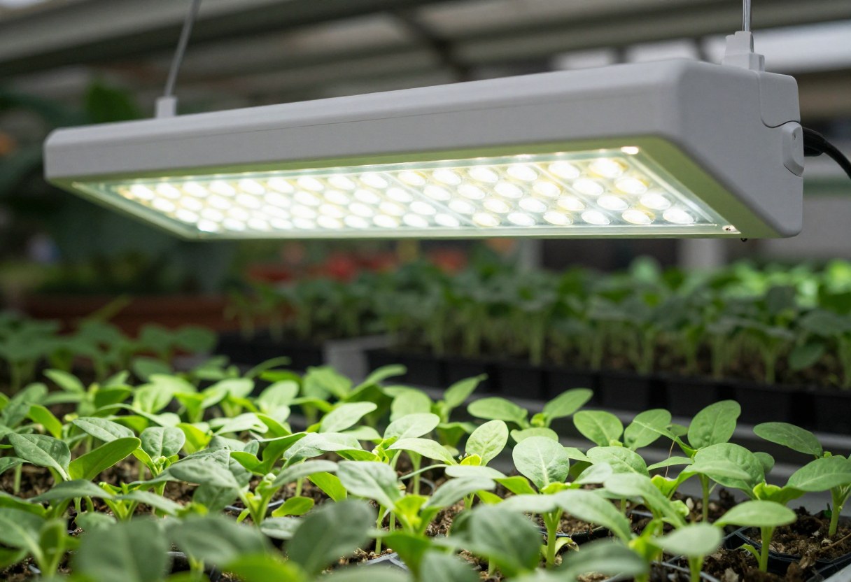 A white LED grow light bar hanging a few inches above trays of short sturdy green seedlings