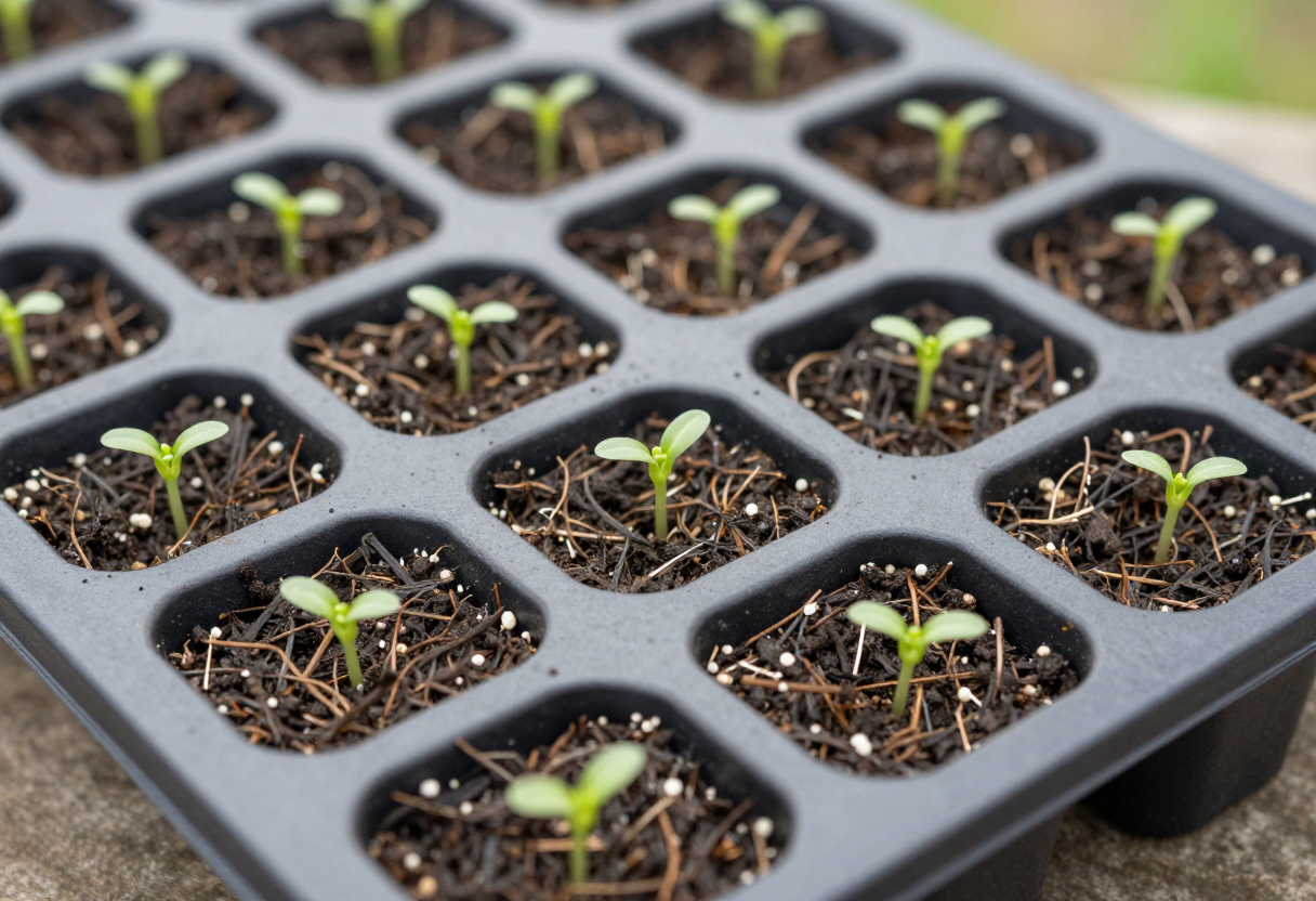 A black seed starting tray filled with fine dark seed starting mix in individual cells with tiny green seedlings
