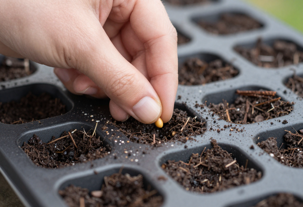 A hand pressing a single small seed into a cell of dark seed starting mix in a seedling tray