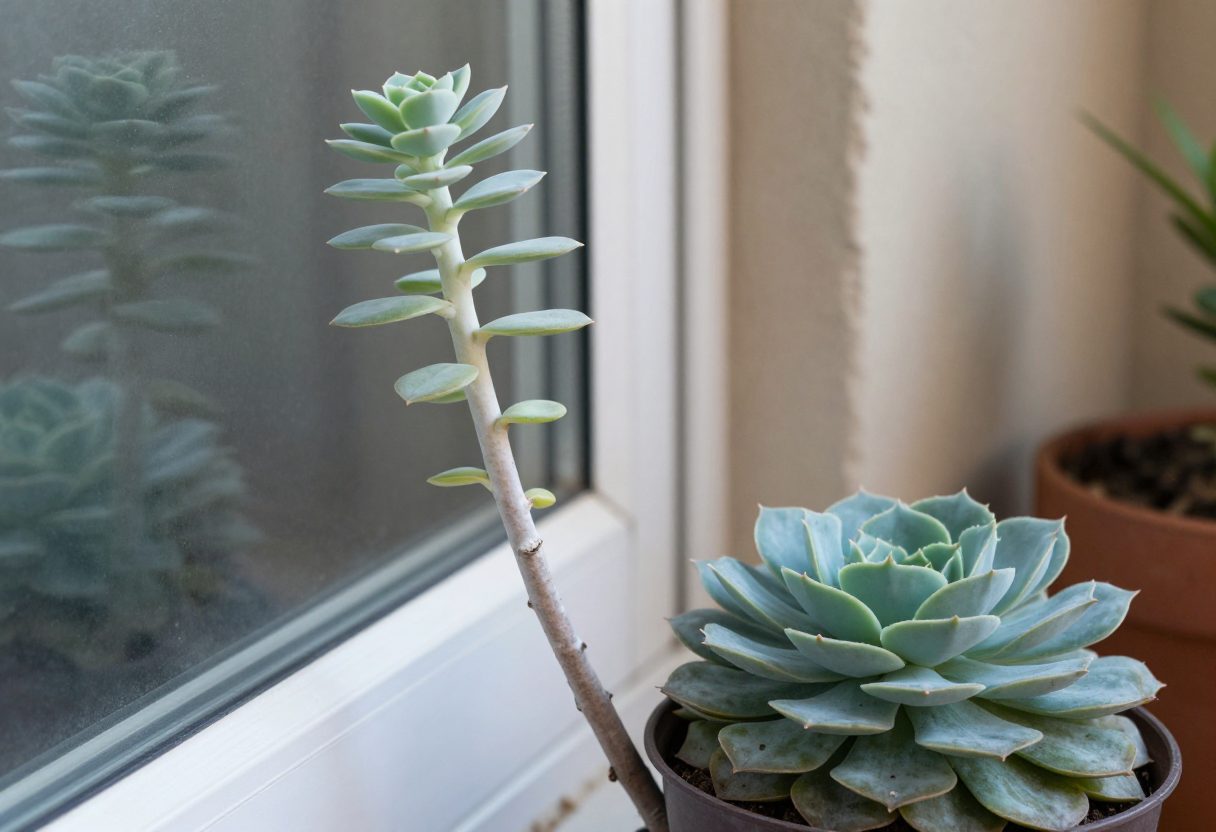A tall pale stretched succulent with widely spaced leaves leaning toward a window beside a compact healthy rosette succulent
