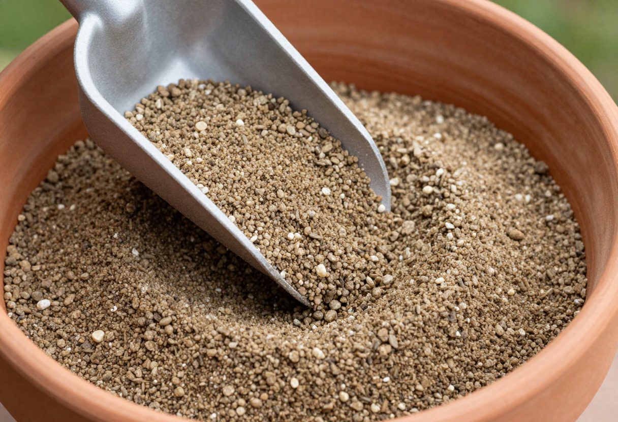 A gritty gravelly potting mix of coarse sand, pumice, and perlite being scooped into a terracotta pot