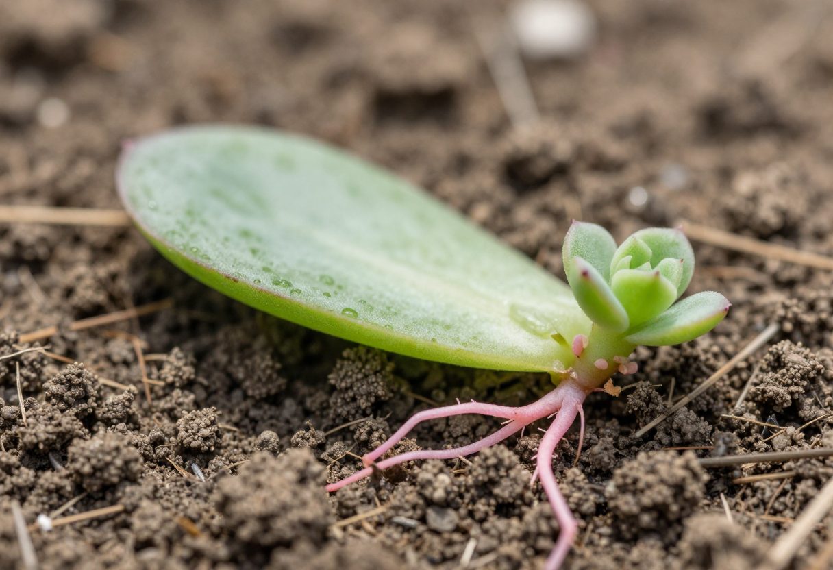 A succulent leaf lying on top of dry soil with tiny pink roots and a tiny baby rosette growing from its end