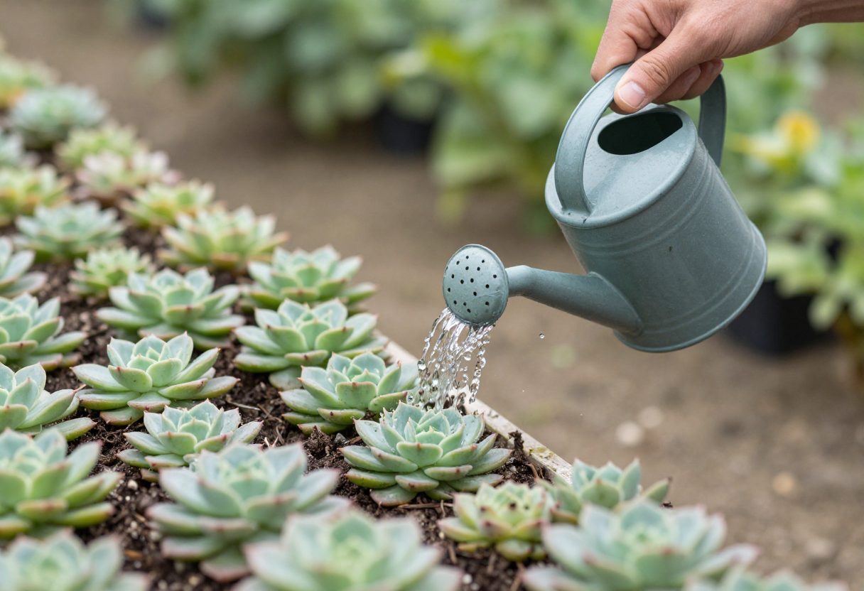 A gardener watering a succulent by soaking the soil with a small watering can spout with water not touching the leaves