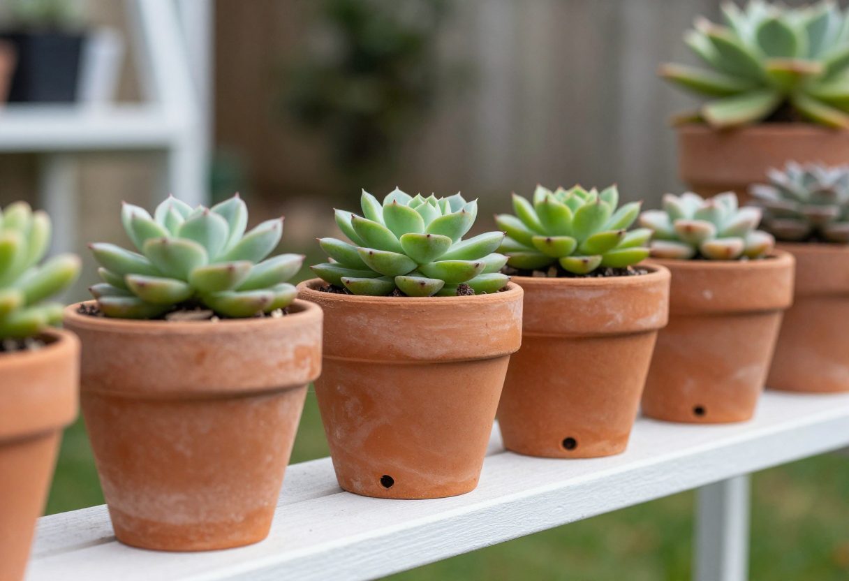 A row of small terracotta pots each with a different succulent on a sunny outdoor shelf with drainage holes visible in the bases