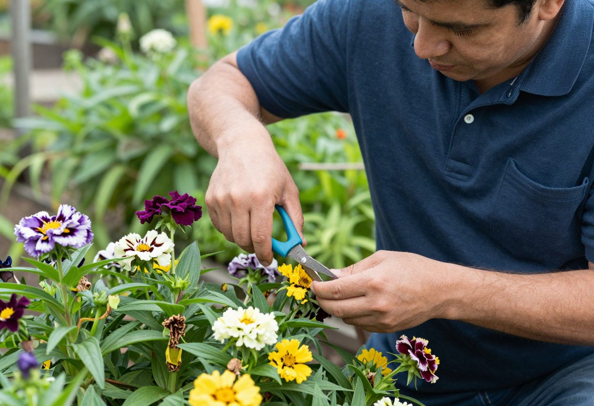 A gardener deadheading spent flowers on a perennial plant with garden shears