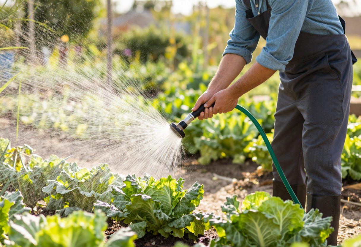 A gardener deep watering vegetable plants in the early morning sunlight