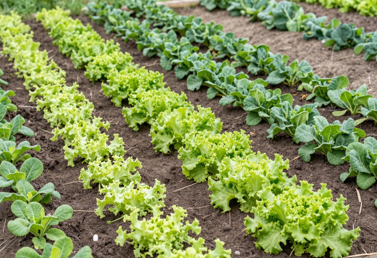 A vegetable bed with staggered rows of lettuce and beans at different growth stages from succession planting