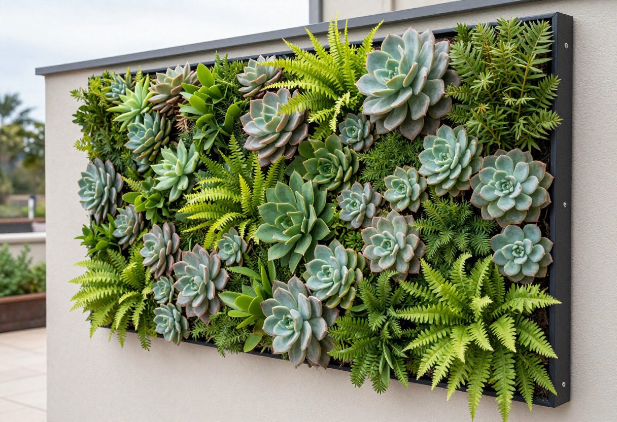 A modular living wall panel densely planted with succulents and small ferns on an outdoor patio wall