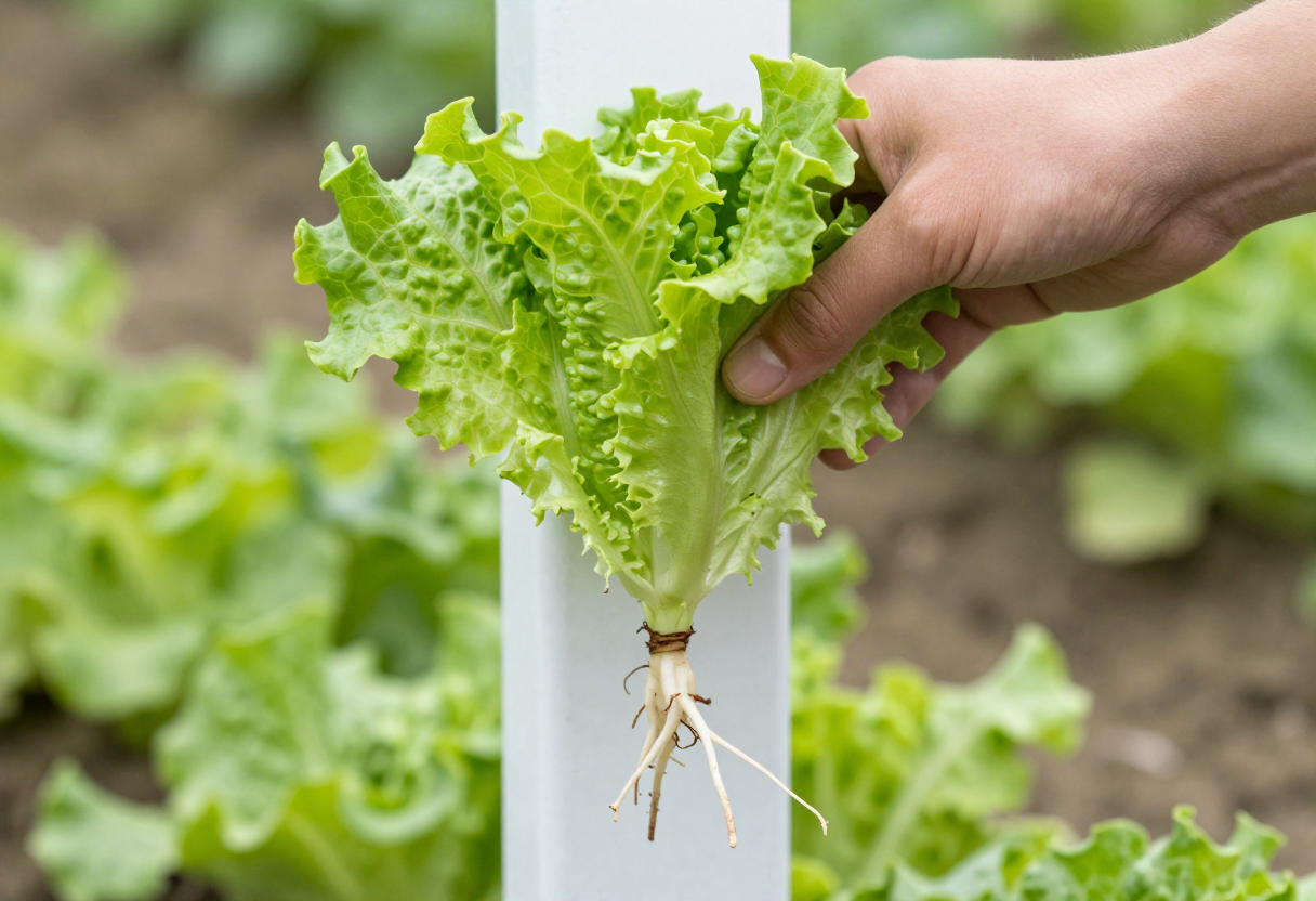 A hand lifting a plant from a tower pocket to check its healthy white roots