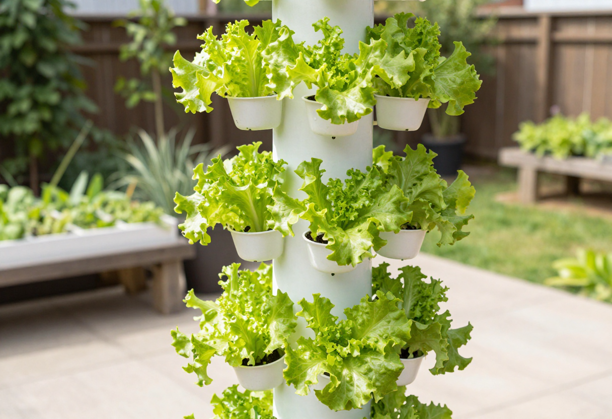 A tall white vertical hydroponic tower with many lettuce plants growing from pockets on a patio