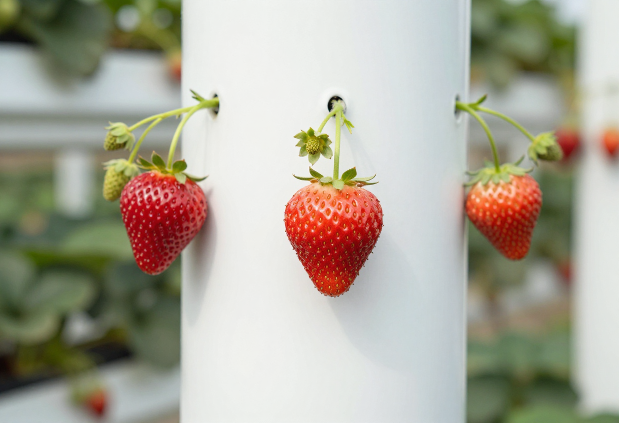 Ripe strawberries hanging from the pockets of a vertical hydroponic tower