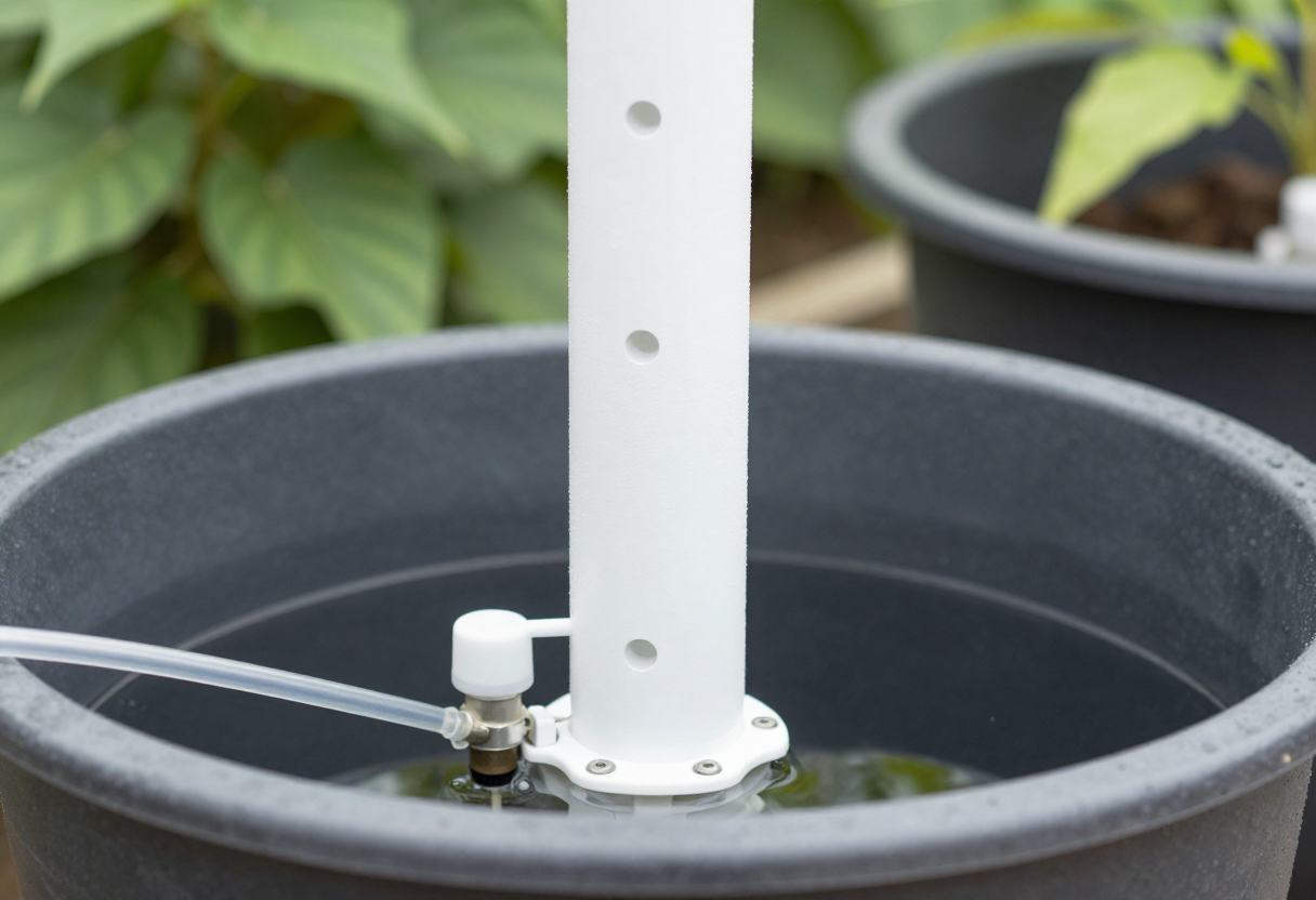 The base of a vertical hydroponic tower showing a reservoir with a pump and tubing
