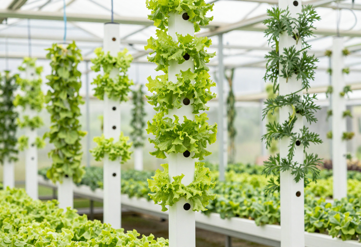 Rows of tall white vertical hydroponic towers covered in green lettuce and herbs in a bright greenhouse