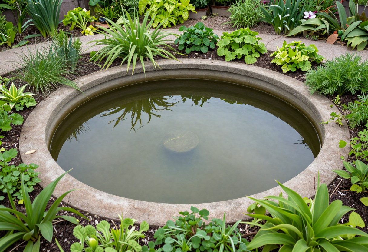 A backyard garden pond with a visible shallow planting shelf and deeper center zone