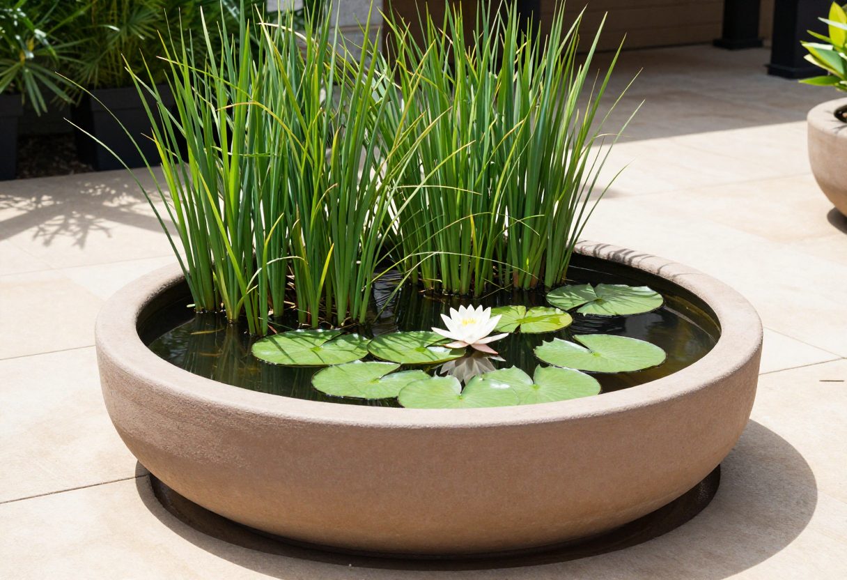 A half-barrel container water garden on a patio with a dwarf water lily and dwarf papyrus