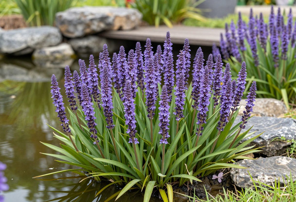 Purple-flowering pickerelweed growing as an emergent marginal plant along a pond edge