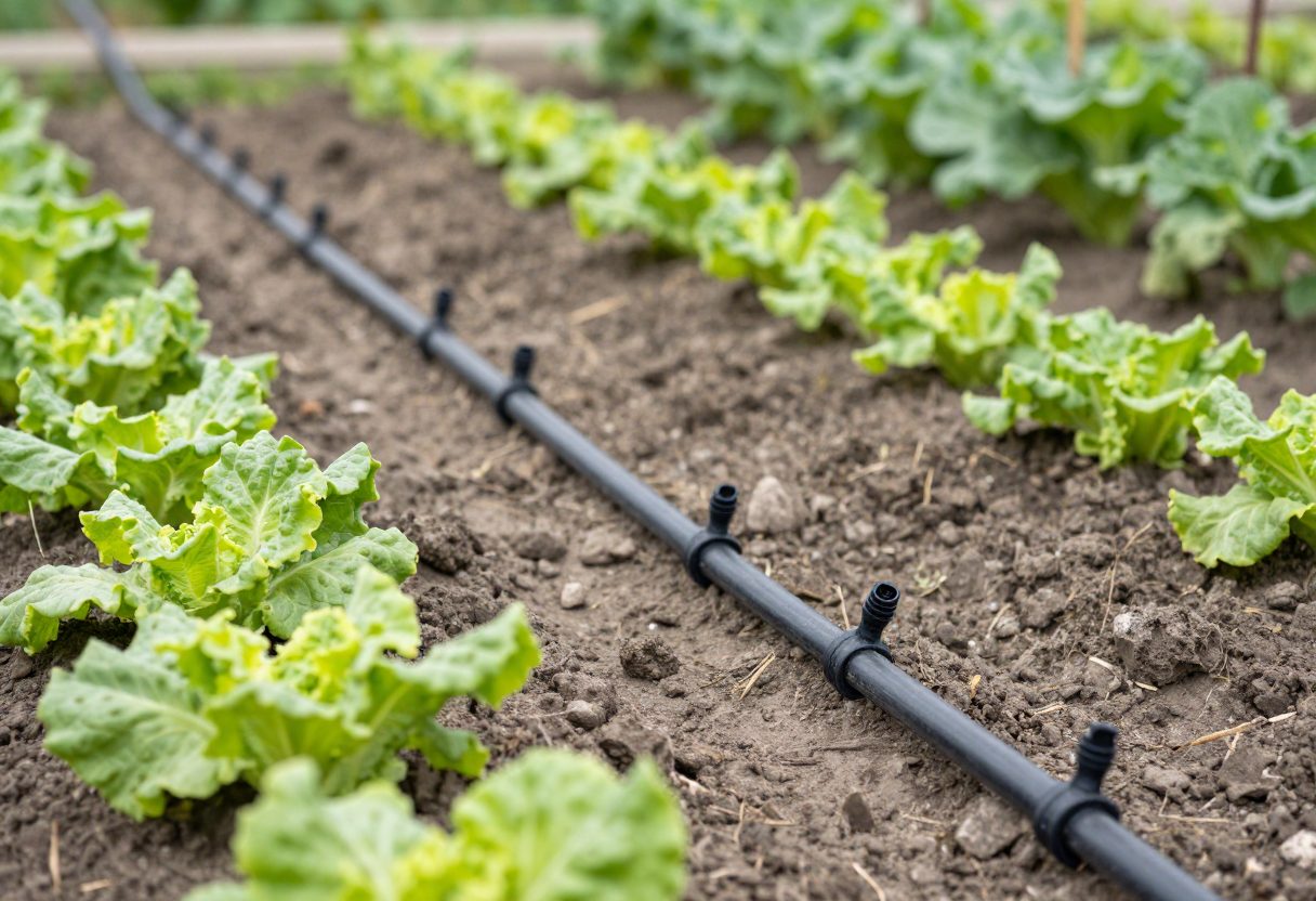 Black drip irrigation tubing running along rows of vegetables in a garden bed