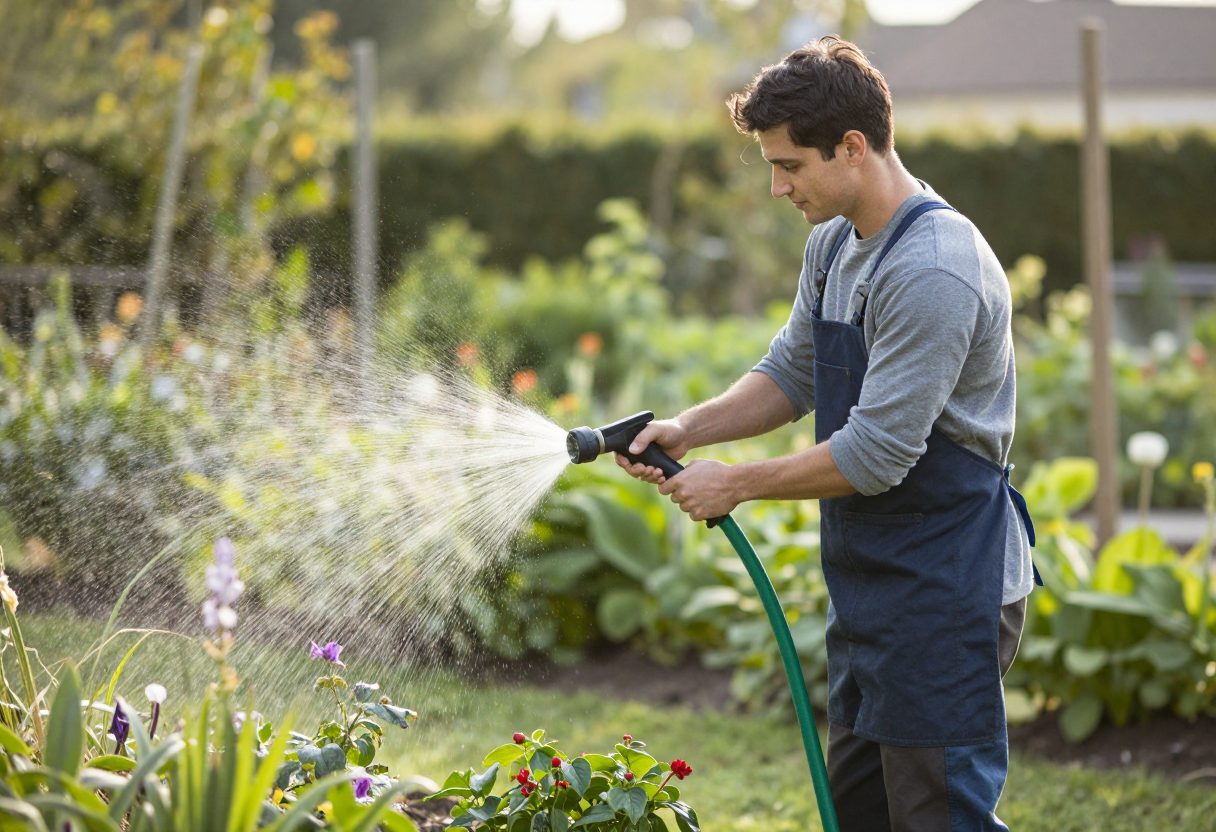 A gardener watering plants deeply with a hose in the early morning light