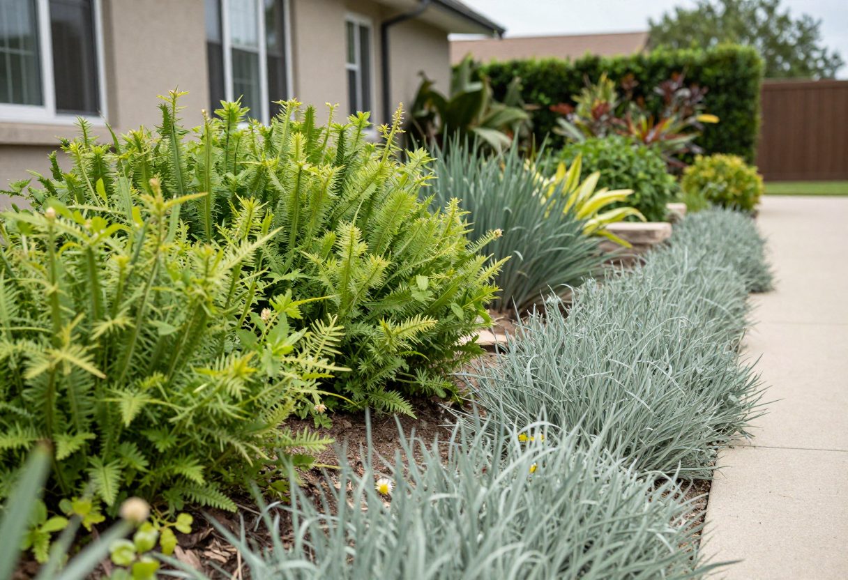 A garden landscape showing distinct zones of lush plants near the house and drought-tolerant plants further out
