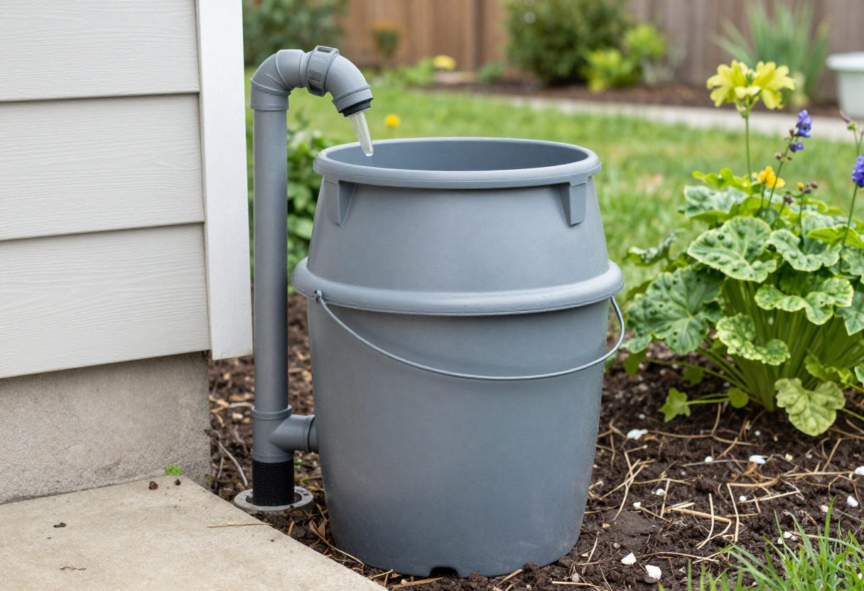 A rain barrel connected to a downspout beside a garden bed