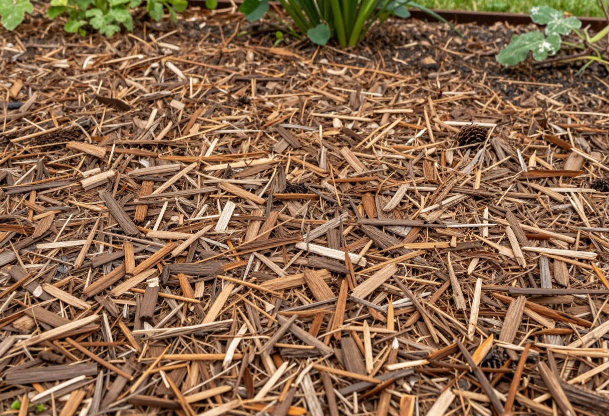 A thick layer of wood chip mulch spread around plants in a garden bed