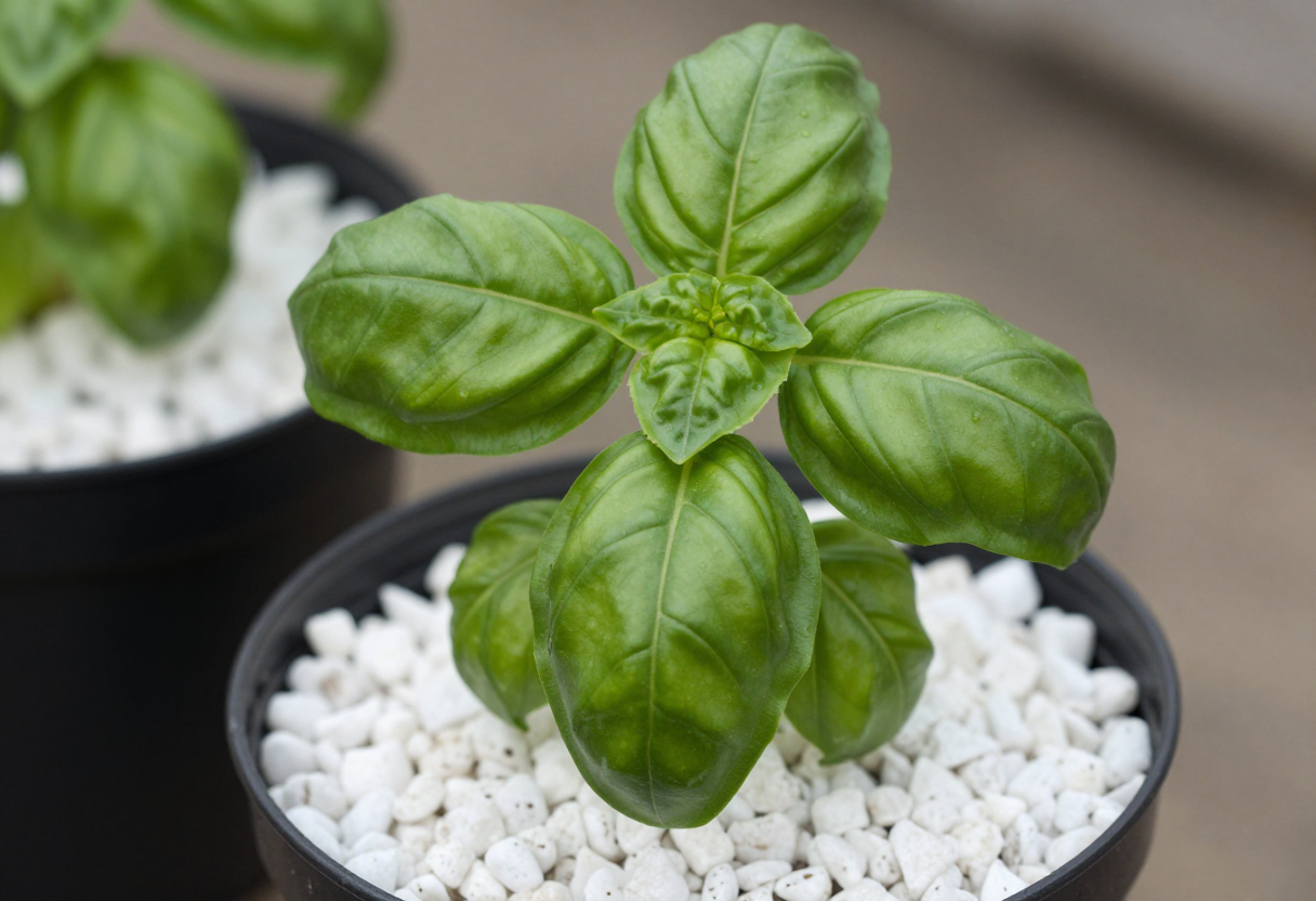 A healthy basil plant growing in a small pot filled with white perlite