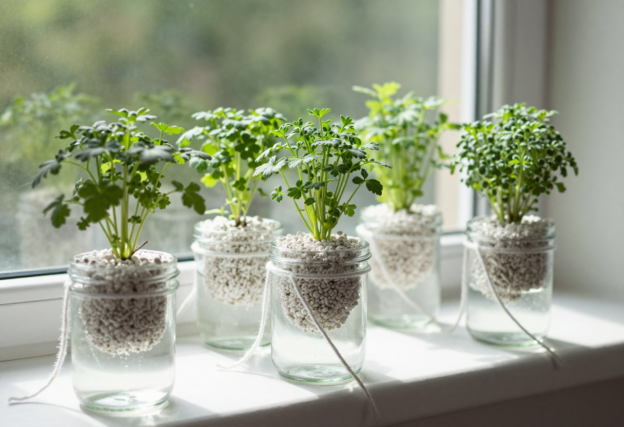 Small pots of herbs on a bright windowsill each sitting above a small reservoir of water