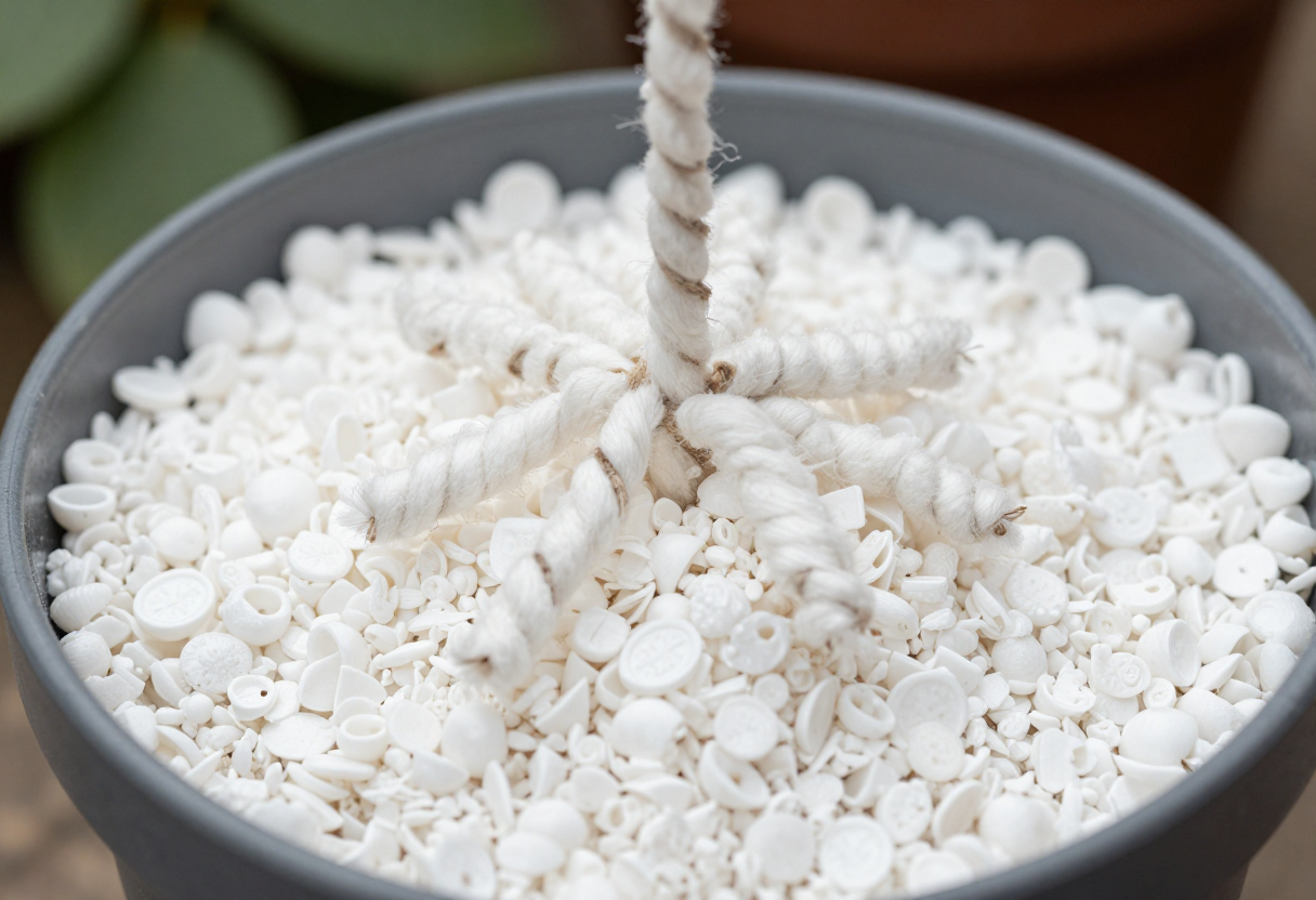 Close-up of white perlite grow medium in a small pot with a cotton wick fanned out among the pieces