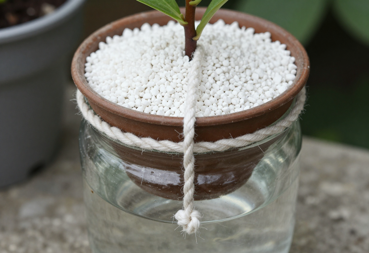 A small pot of grow medium with a cotton rope wick running down into a reservoir of water below