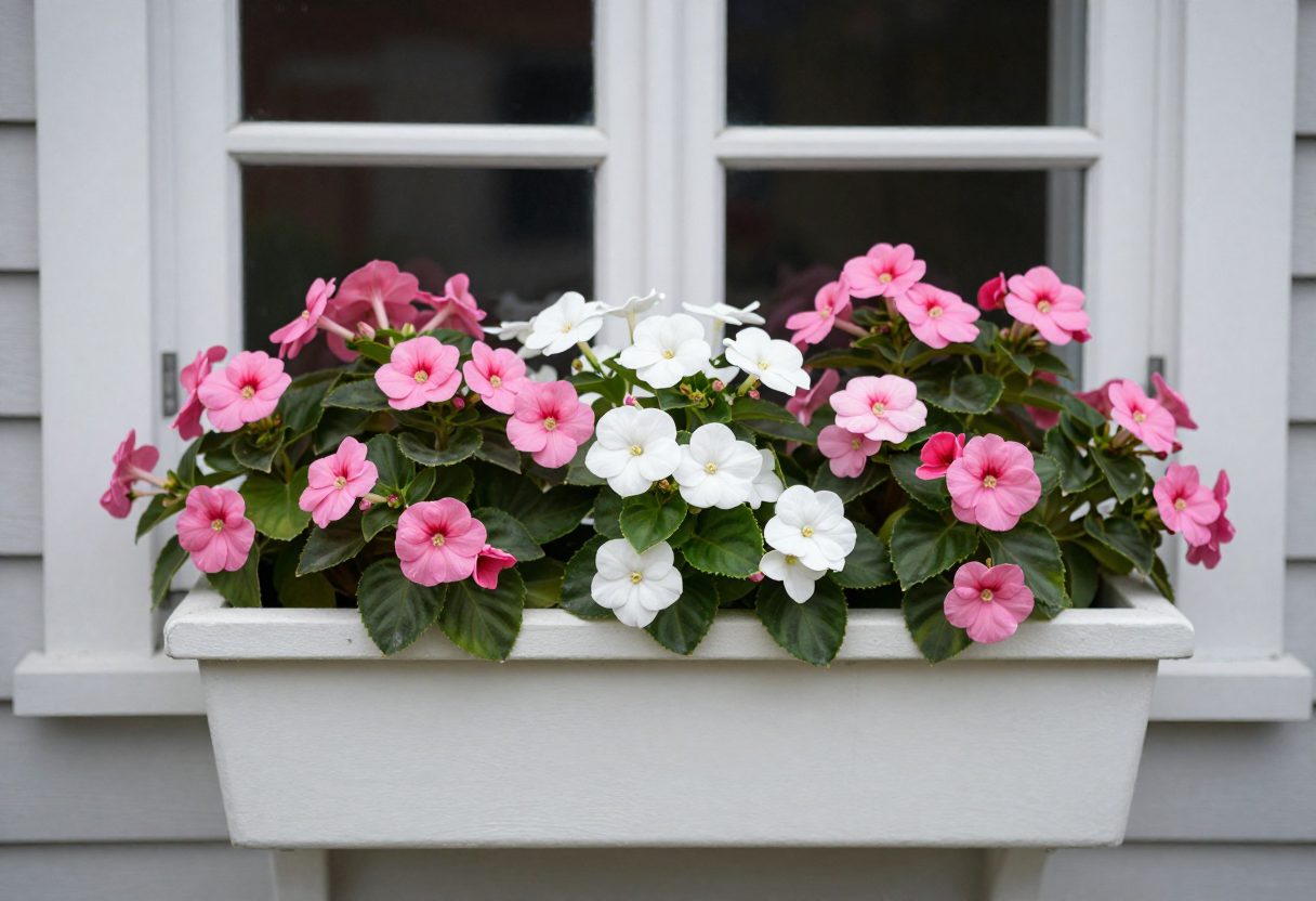A shaded window box filled with pink and white impatiens and begonias
