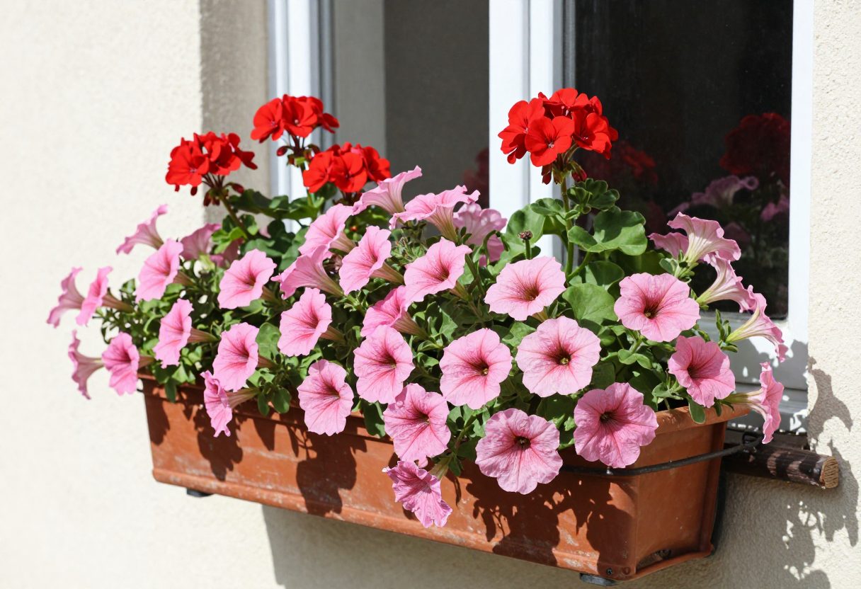 A sunny window box overflowing with pink and red petunias and geraniums
