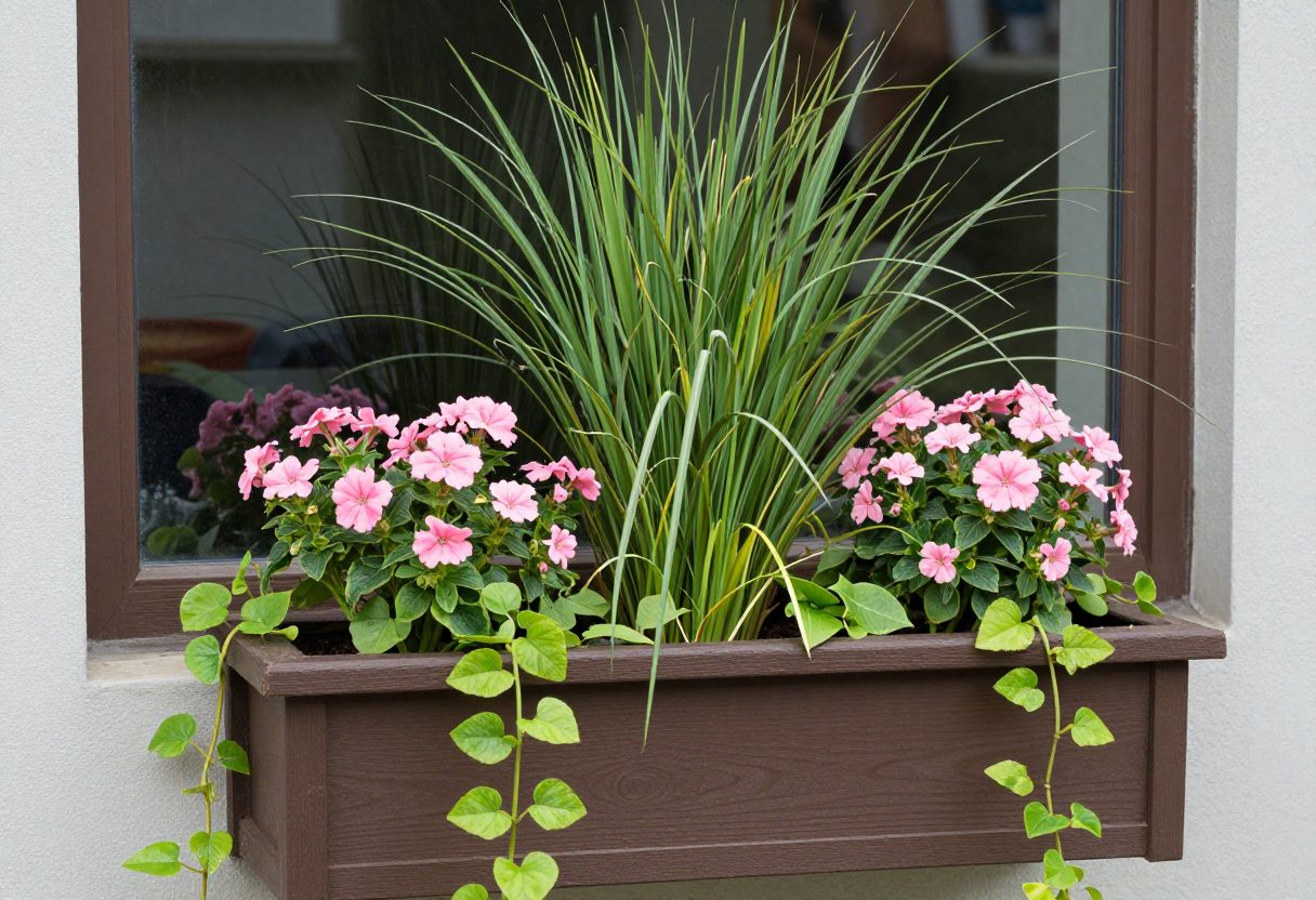 A lush window box planted with a tall centerpiece, mounding flowers, and trailing vines cascading over the edge