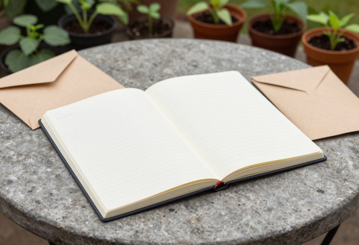 A garden planning notebook open with seed packets and a calendar laid out on a table