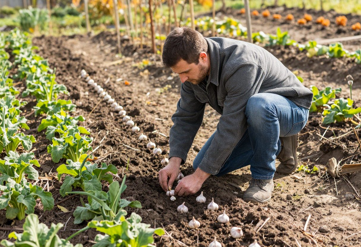 A gardener planting garlic cloves in a fall garden bed with cover crop growing in an adjacent row