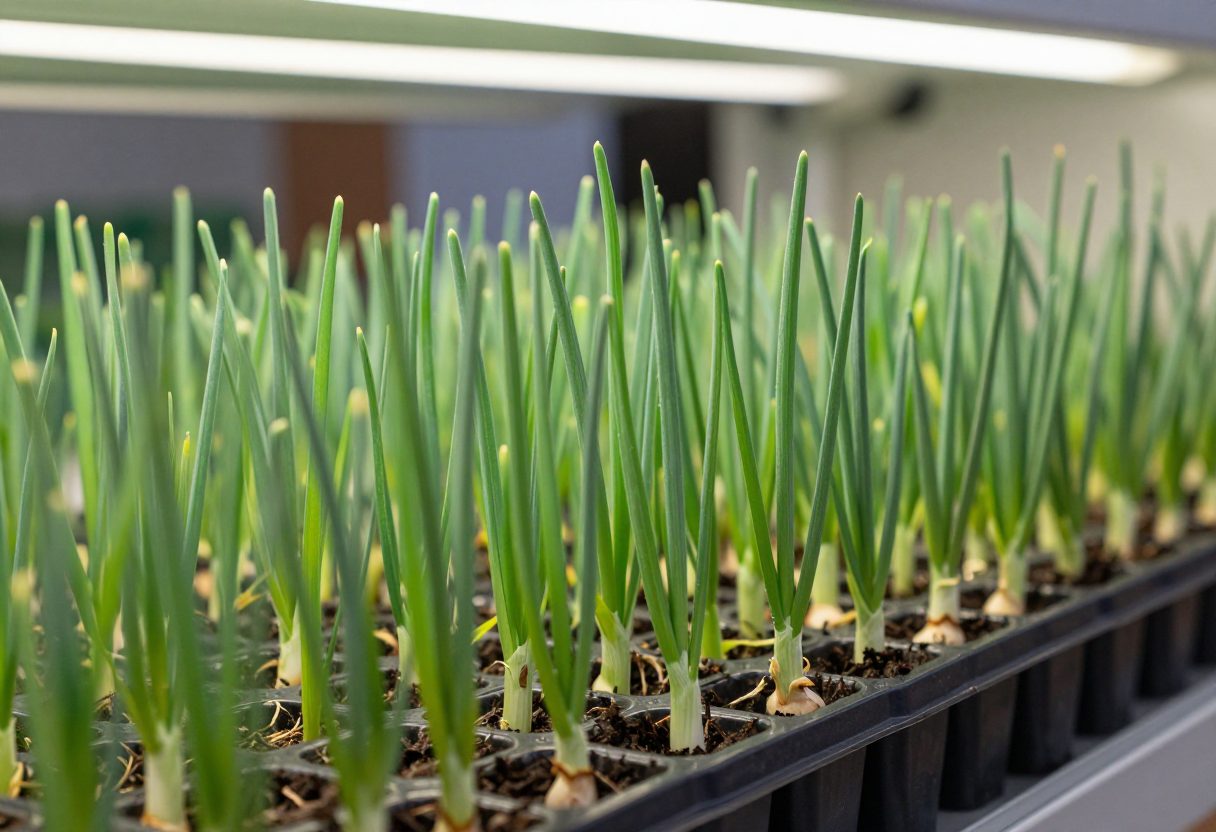 Onion and leek seedlings started indoors under grow lights in late winter